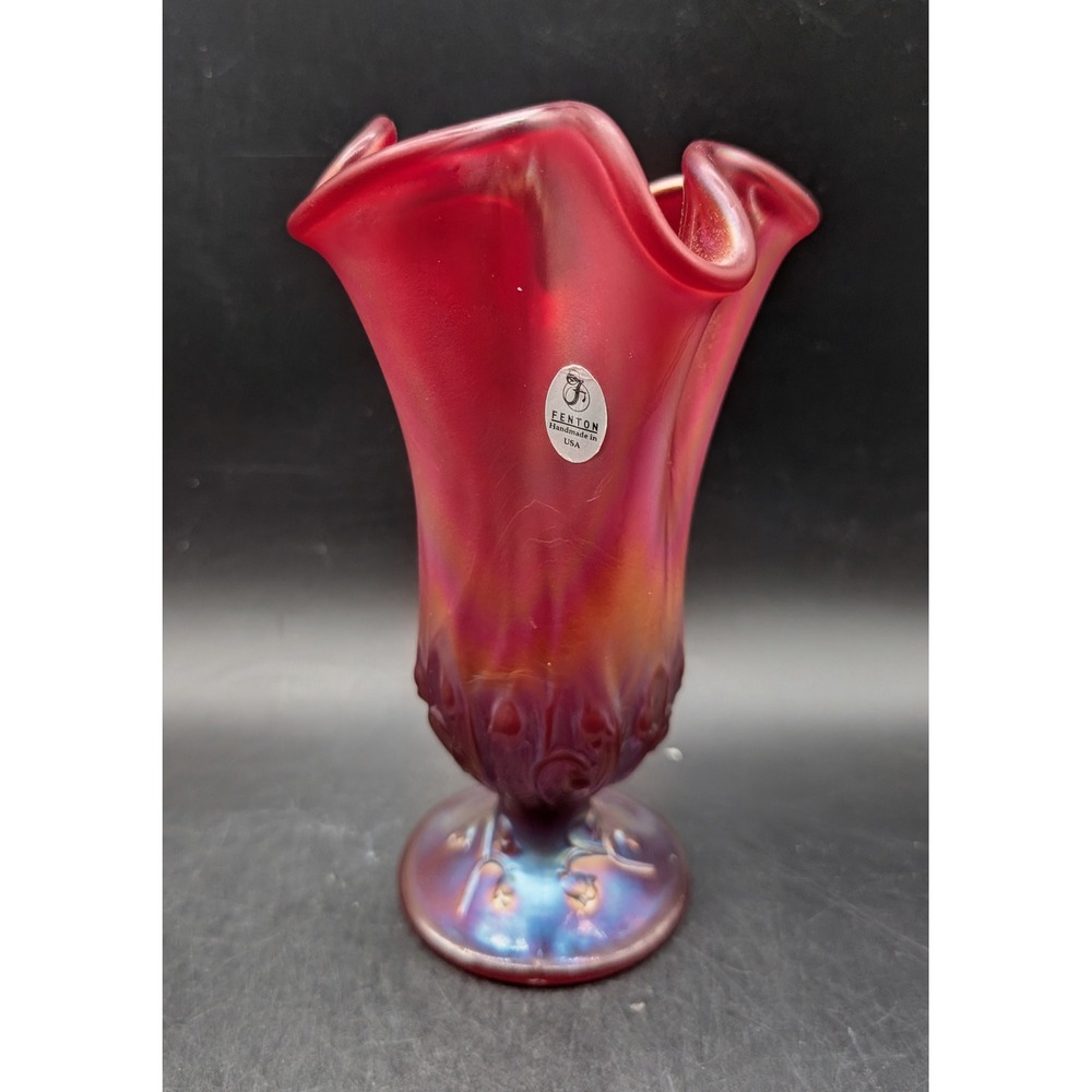 Fenton Ruby Red Amberina Iridescence Carnival Glass Ruffled Vase USA Vintage 6"
